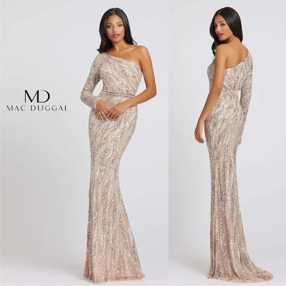 Mac Duggal Asymmetrical One Shoulder Long Sleeve Fully Sequin Gown Rose Gold - Picture 7 of 13